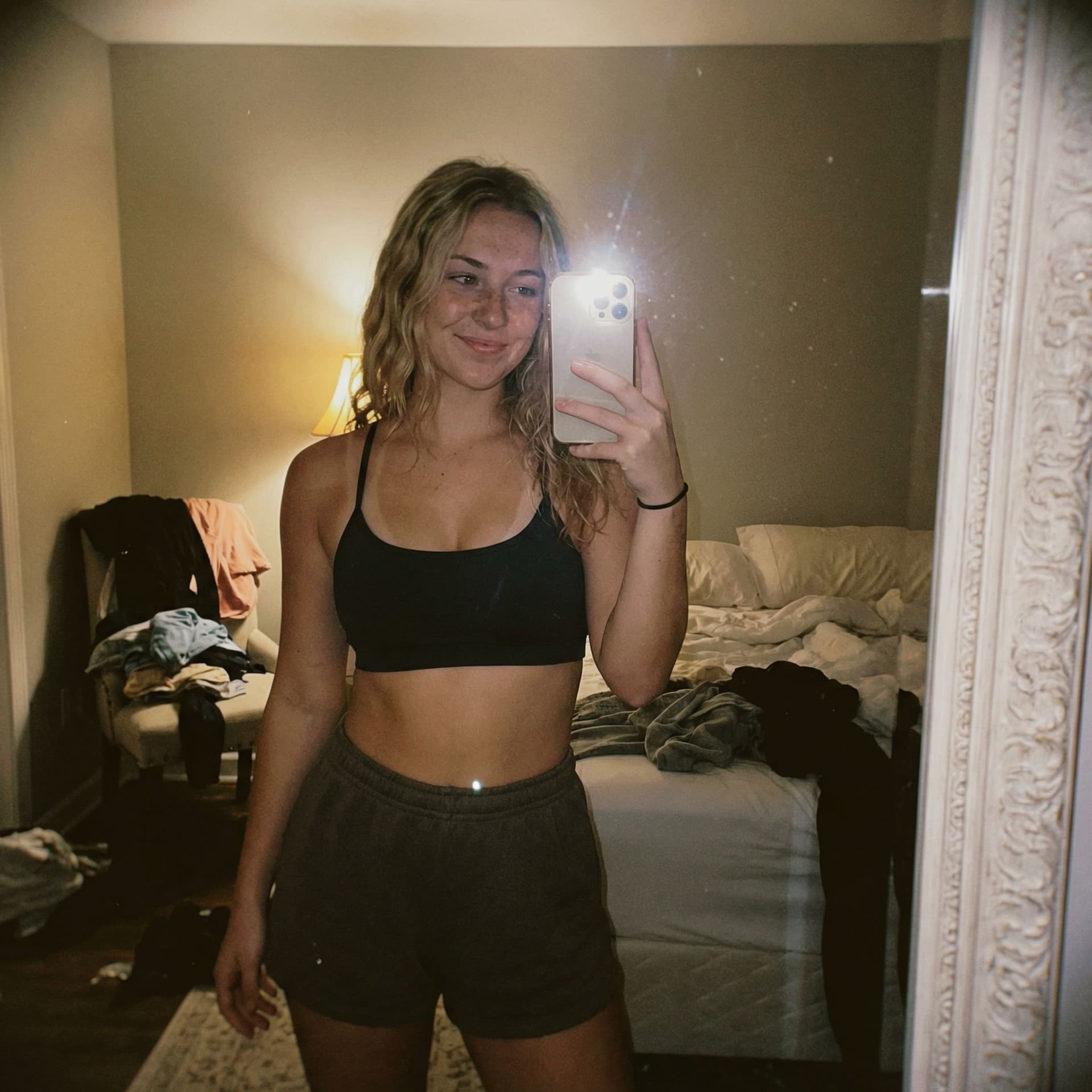 AI generated: Ultra realistic, mirror self shot picture, iPhone 13 Pro, slight camera flash, high quality image, s...