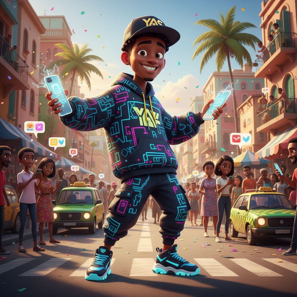 AI generated: 3D animated Senegalese young man, smiling, wearing streetwear with technologie patterns, cap with YA...