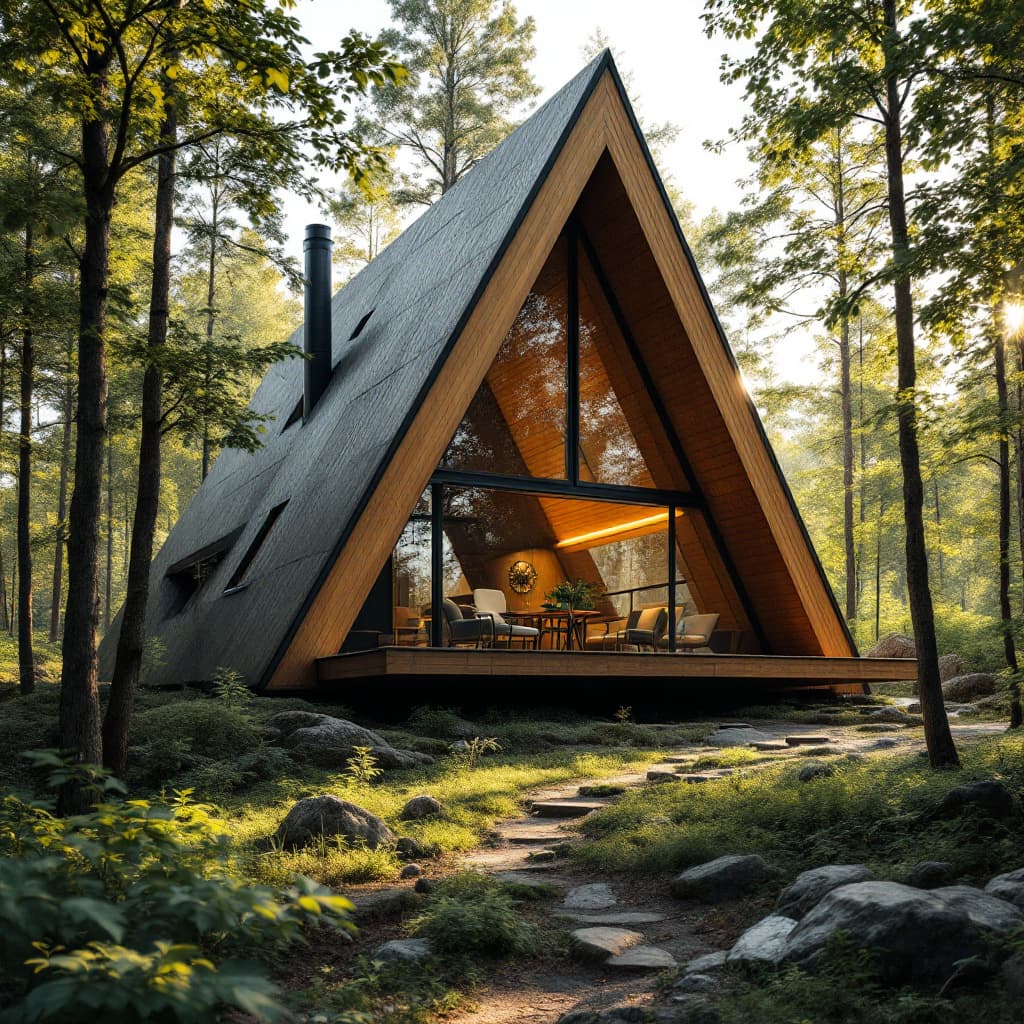 AI generated: imagine a highly detailed image of a futuristic x-frame cabin nestled in a dense forest, showcasing ...