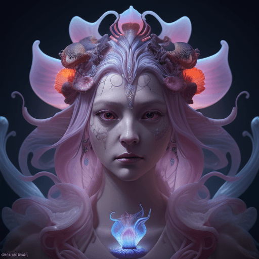 AI generated: Goddess close-up portrait ribcagel. jellyfish phoenix head, nautilus, orchid, skull, betta fish, bio...