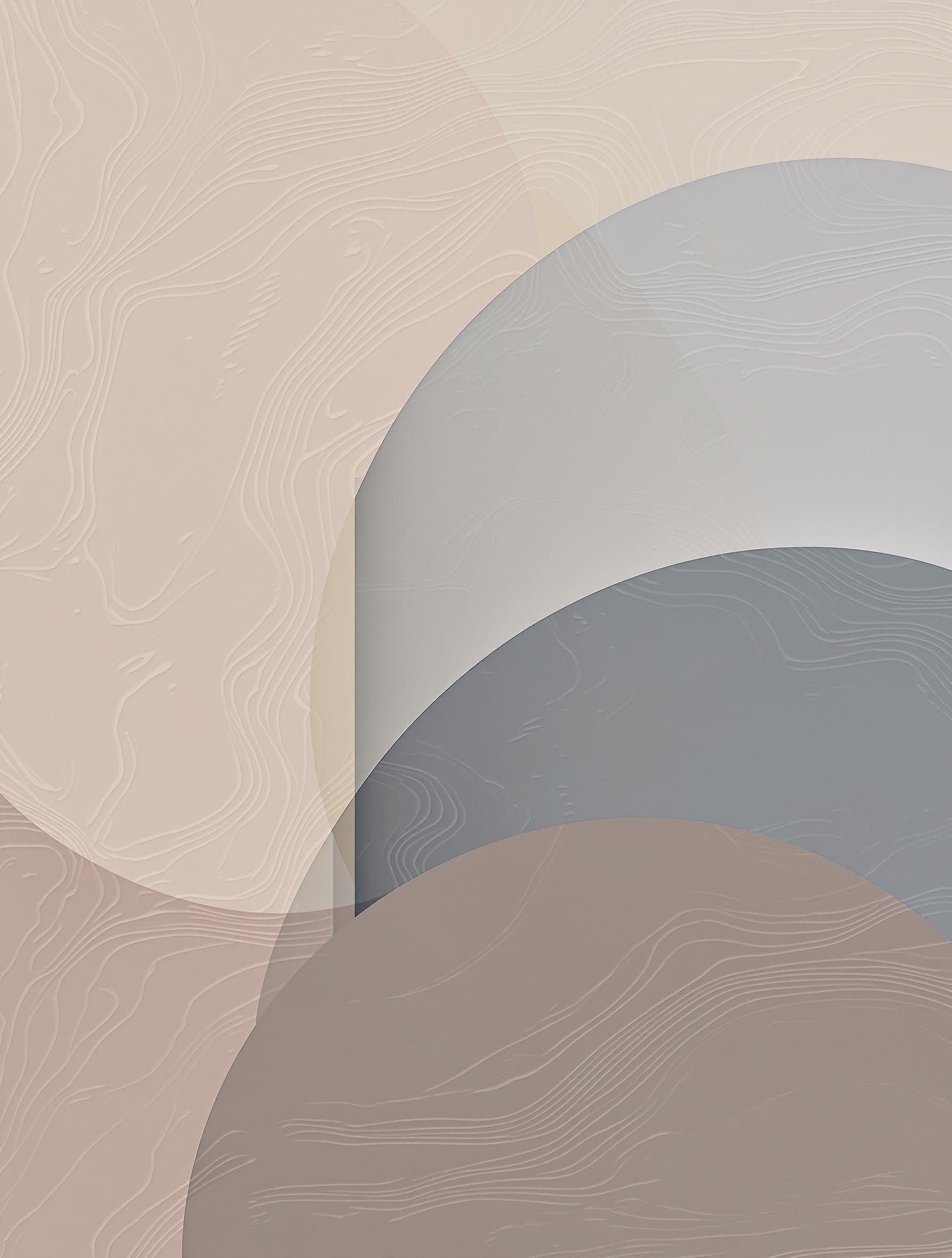 AI generated: flat geometric composition in pale mauve, sand beige and misty blue, thick oil texture with subtle i...