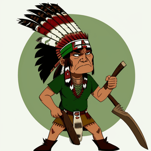 AI generated: An American Indian with the green, white and maroon headdress, green shirt, evil face, holding a hat...