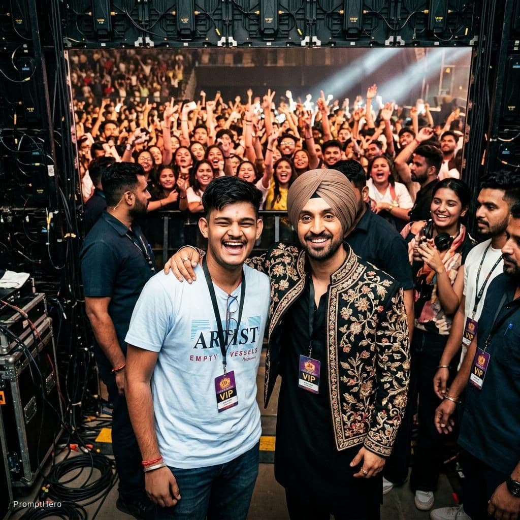 AI generated: with Diljit Dosanjh backstage at a concert, excited fans vibe