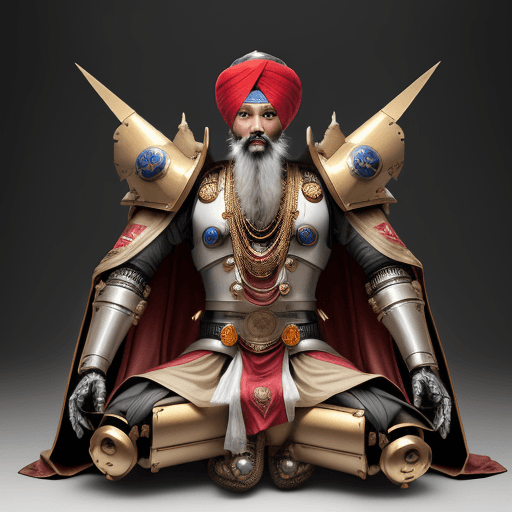 AI generated: 1800s a sikh king, wearing turban and Japanese mecha exoskeleton gundam suit warhammer; long heavy c...
