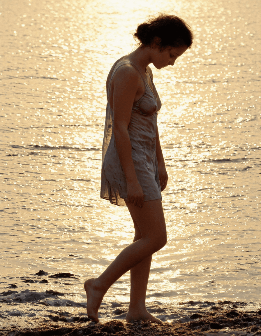 AI generated: The private beach shimmers at dusk, waves whispering against the sand. She walks barefoot along the ...