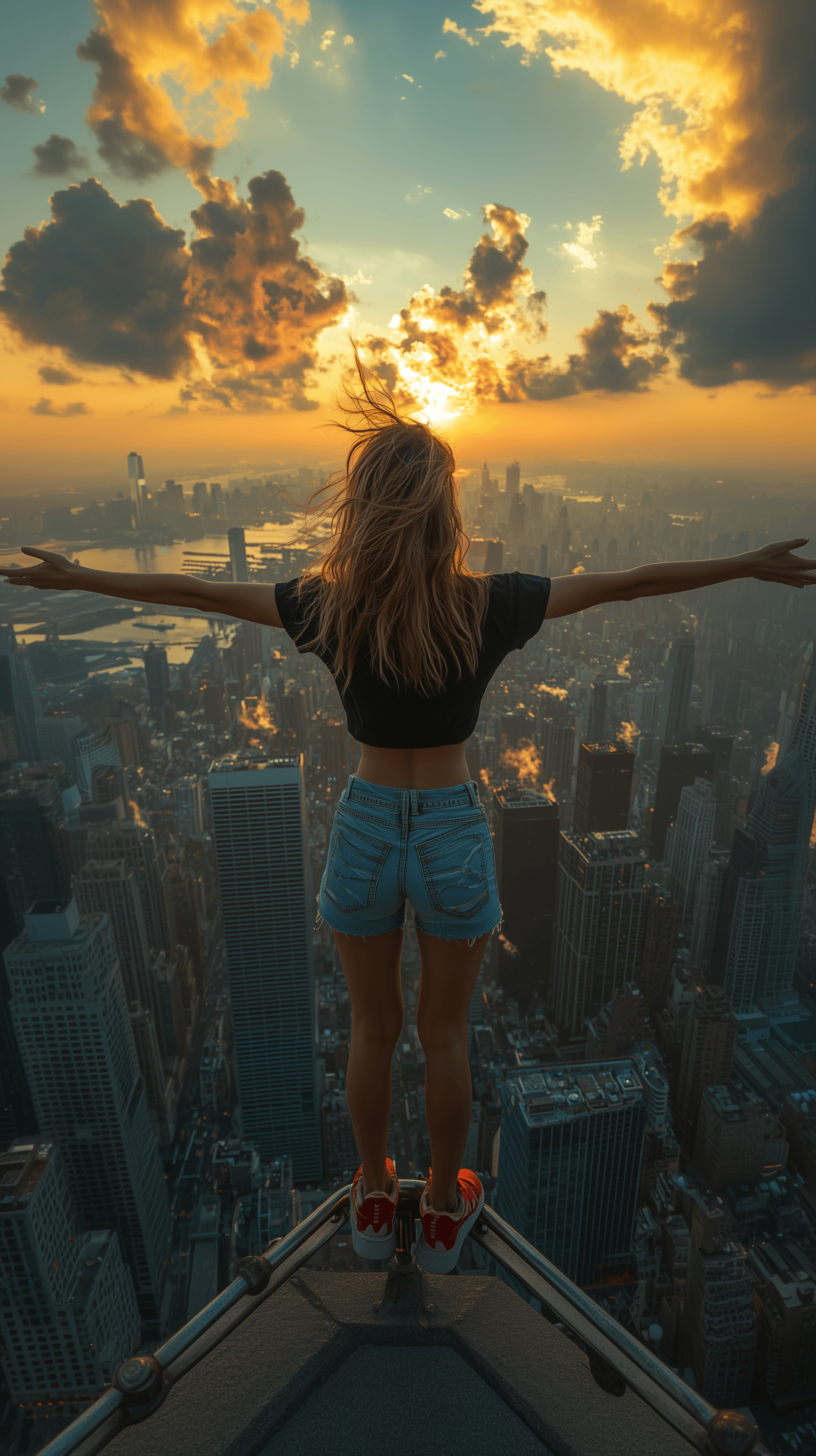 AI generated: wide shot, detail-rich photograph of a woman expressing freedom, rear view, full body, arms outstret...