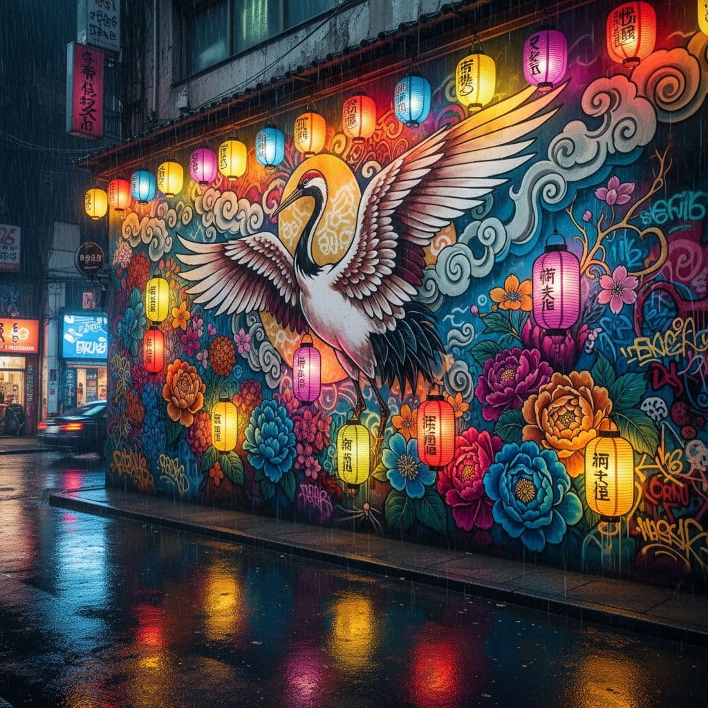 AI generated:  well-lit street scene mural with a japanese crane painting and colorful flowers and lanterns  light...
