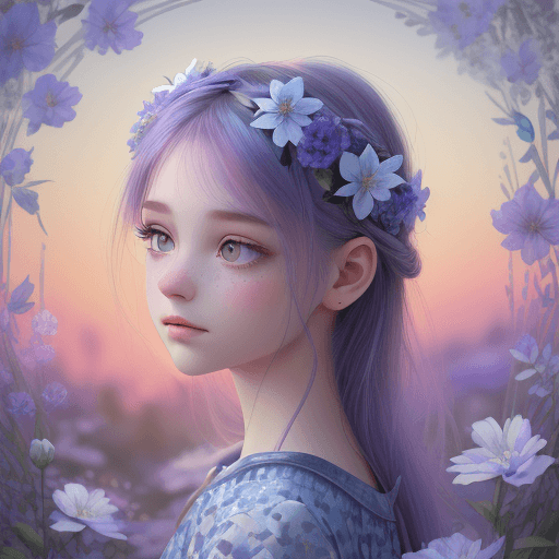 AI generated: Beauty spring floral digital art 3d on dusk background with a girl and flowers in her hair, stippled...