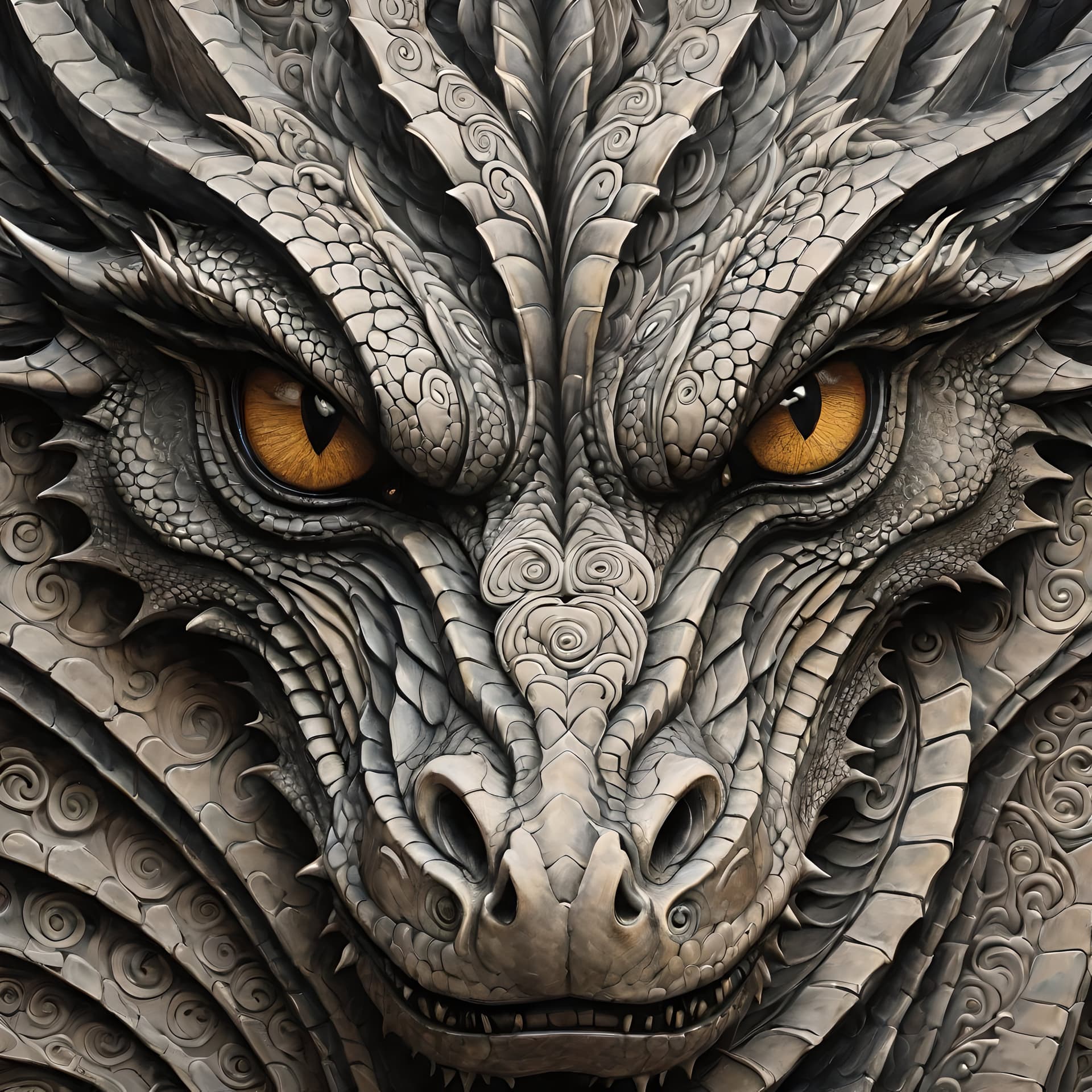 AI generated: spirals of ink plastered on a canvas depicting a dragon, detailed face, expressive, masterpiece, det...