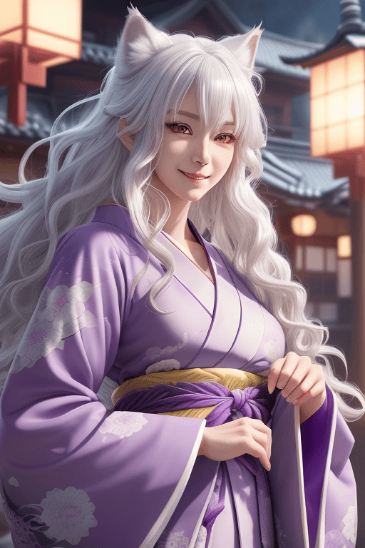 AI generated: a happy beautiful white-haired anime wolf girl wearing purple kimono, wavy hair, anime, beautiful fa...