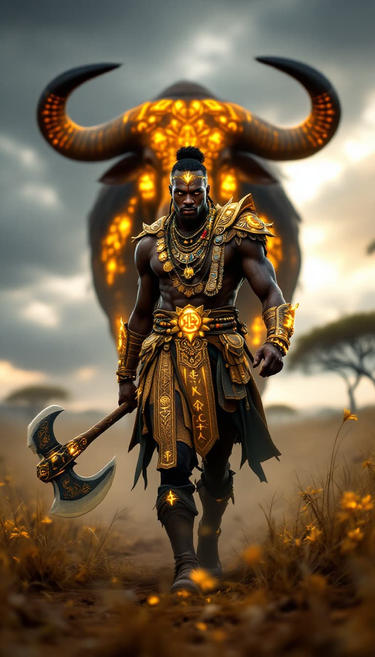 AI generated: An ultra-realistic, wide angle, front facing, full-body portrait of a skilled African Beastmaster, d...
