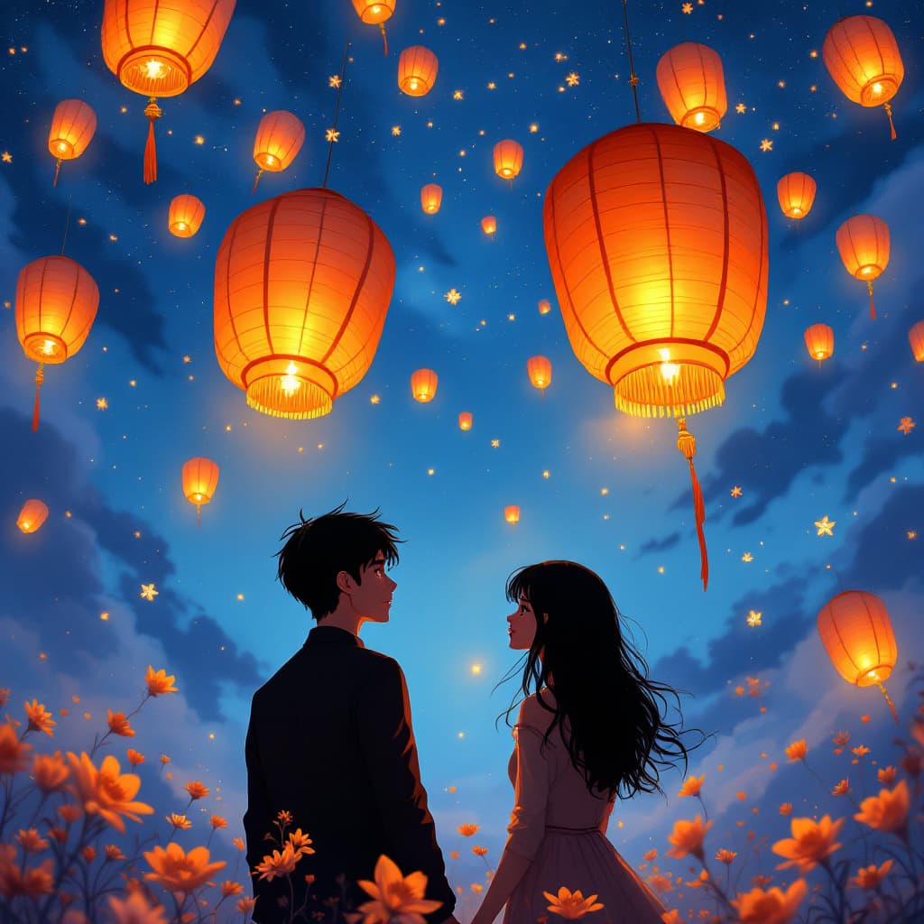 AI generated: Deep blue sky, orange, Kongming lanterns flying in the sky, late at night girl and girl in love ,flo...