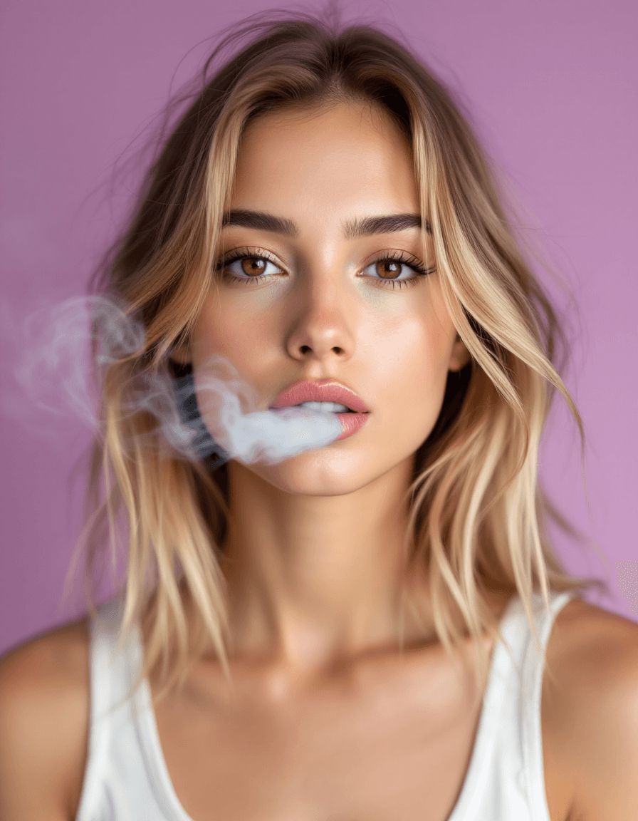 AI generated: close-up of a young blonde woman, dark brown eyes, Wearing a white tank top, with pale  smoke curlin...