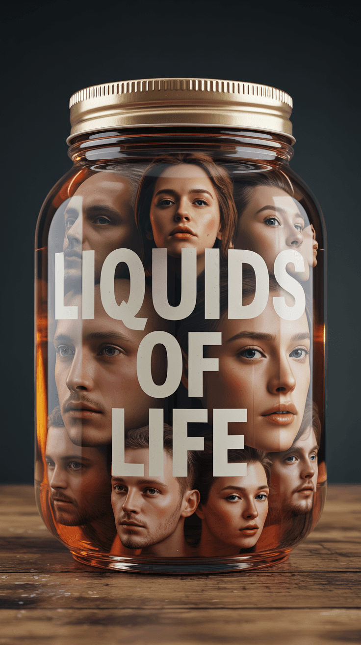 AI generated: Macroview of a jar filled with liquified human faces in different moods,a vintage brand etiquette na...