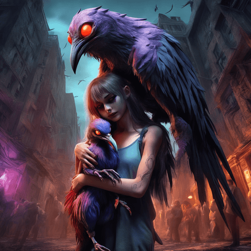 AI generated: A scared  mythical half demoniac bird girl hugging a cute bird monster,intense emotion,dynamic light...