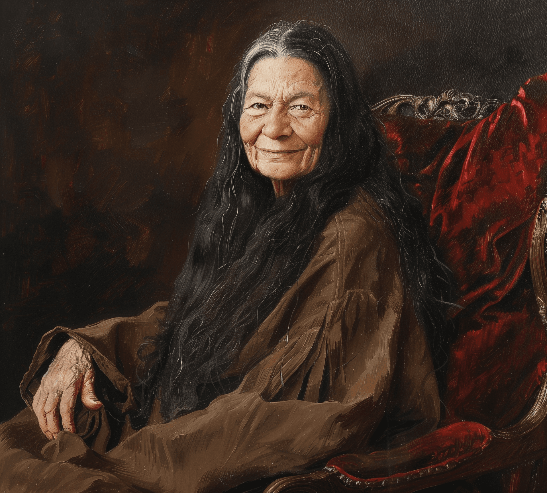 AI generated: A portrait of an old Mennonite woman with long black hair, wearing brown robes and sitting on a red ...