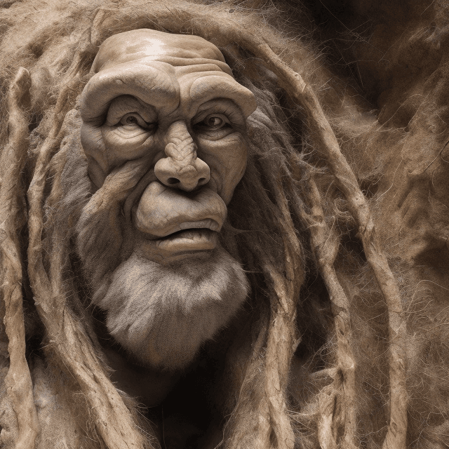 AI generated: the entire figure of a very old prehistoric caveman sitting in a prehistoric cave, frontal view, old...