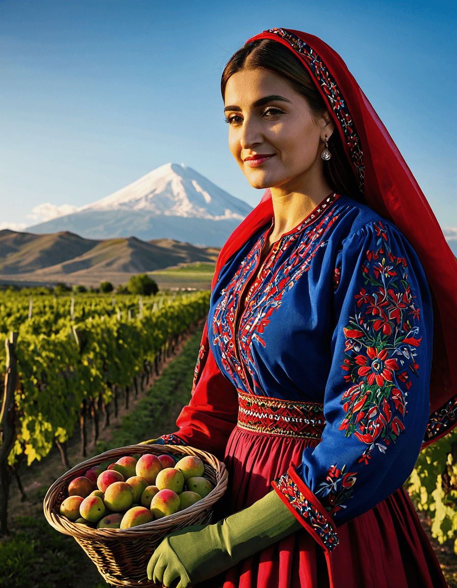AI generated: A picturesque image of a woman in a traditional Armenian Taraz, in the vineyards of the Ararat plain...