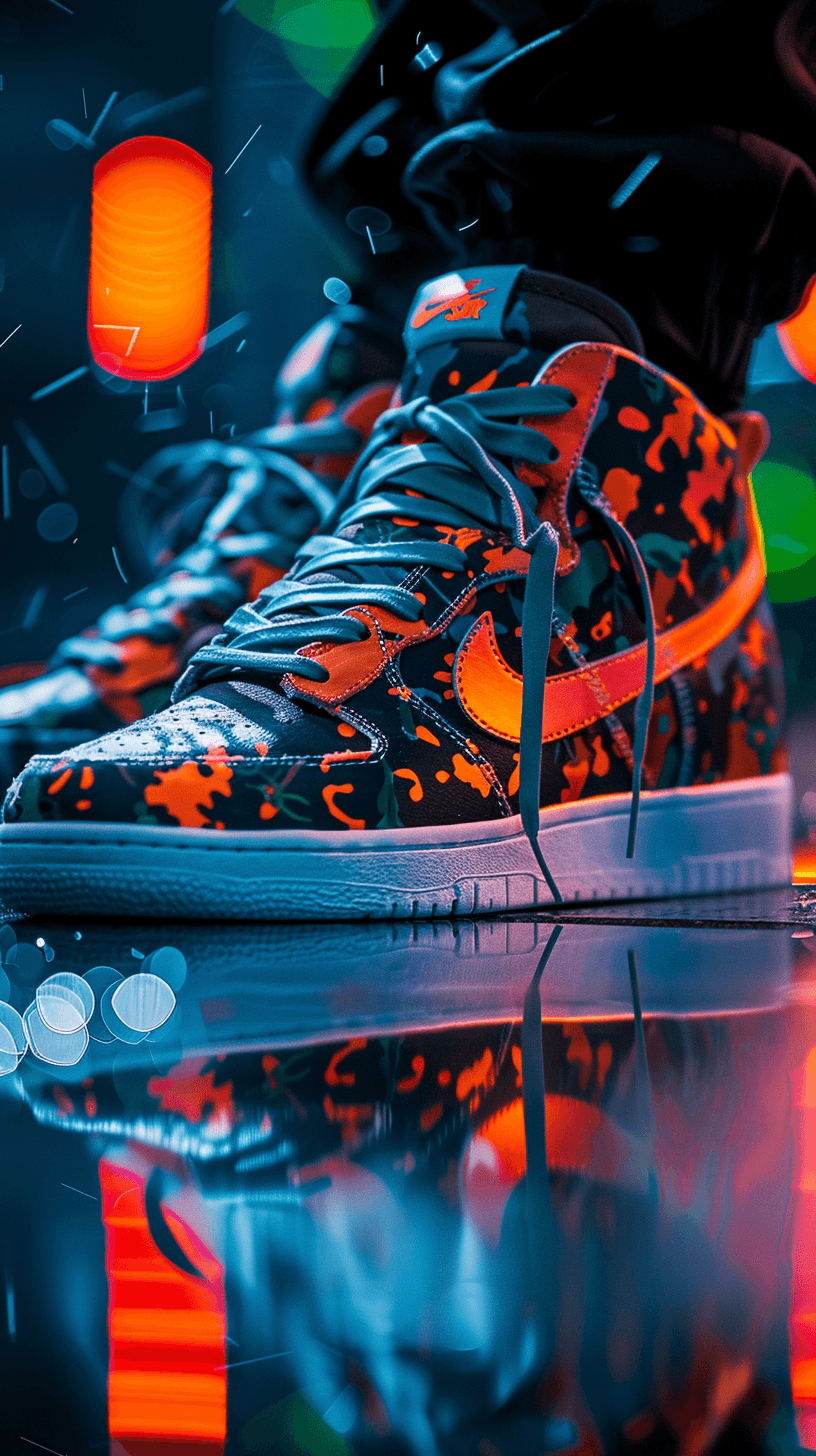 AI generated: photograph, productive, Nike shoes, camouflage pattern, black, spectacular reflection, neon