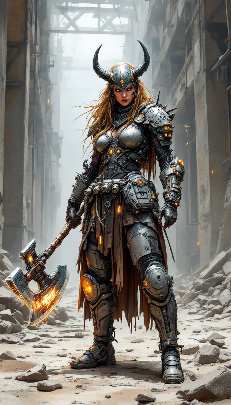 AI generated: Conceptual design: Cyberpunk Viking with a Shock Axe. This forceful graffiti-punk digital watercolor...