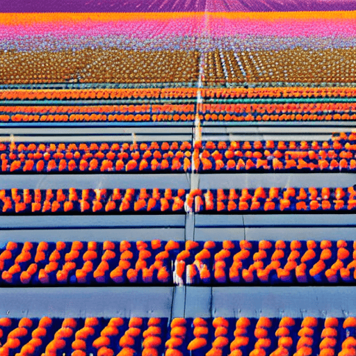 AI generated: Hyper realistic photo of field of orange tulip flowers at the sunset, lower level of view.