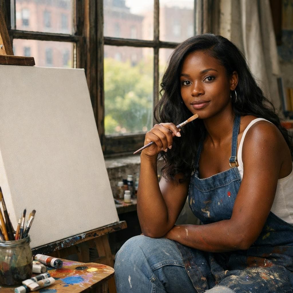 AI generated: window, dark-brown-skinned female, canvas