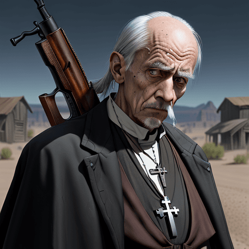 AI generated: a sad looking old priest, cross necklace, with a shotgun, wild west style, 8k