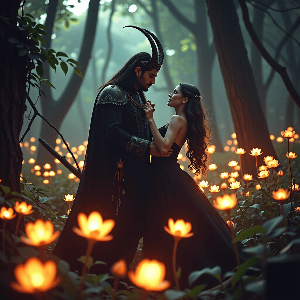 AI generated: Dark Romance: In an ancient, bioluminescent forest, a dangerous Fae lord with glowing eyes and attir...