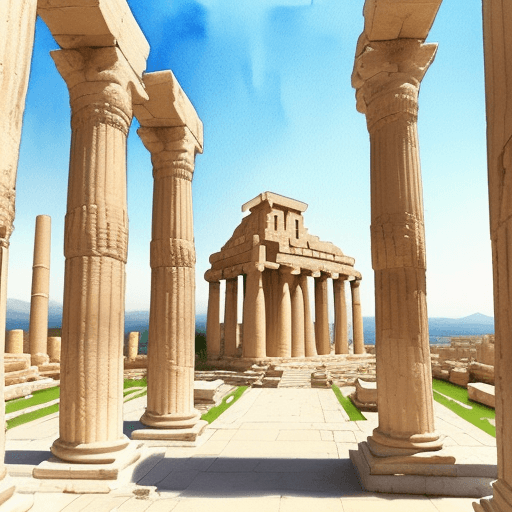 AI generated: The water color painting features a the temple of eshmun in the ancient city of carthage in perfect ...