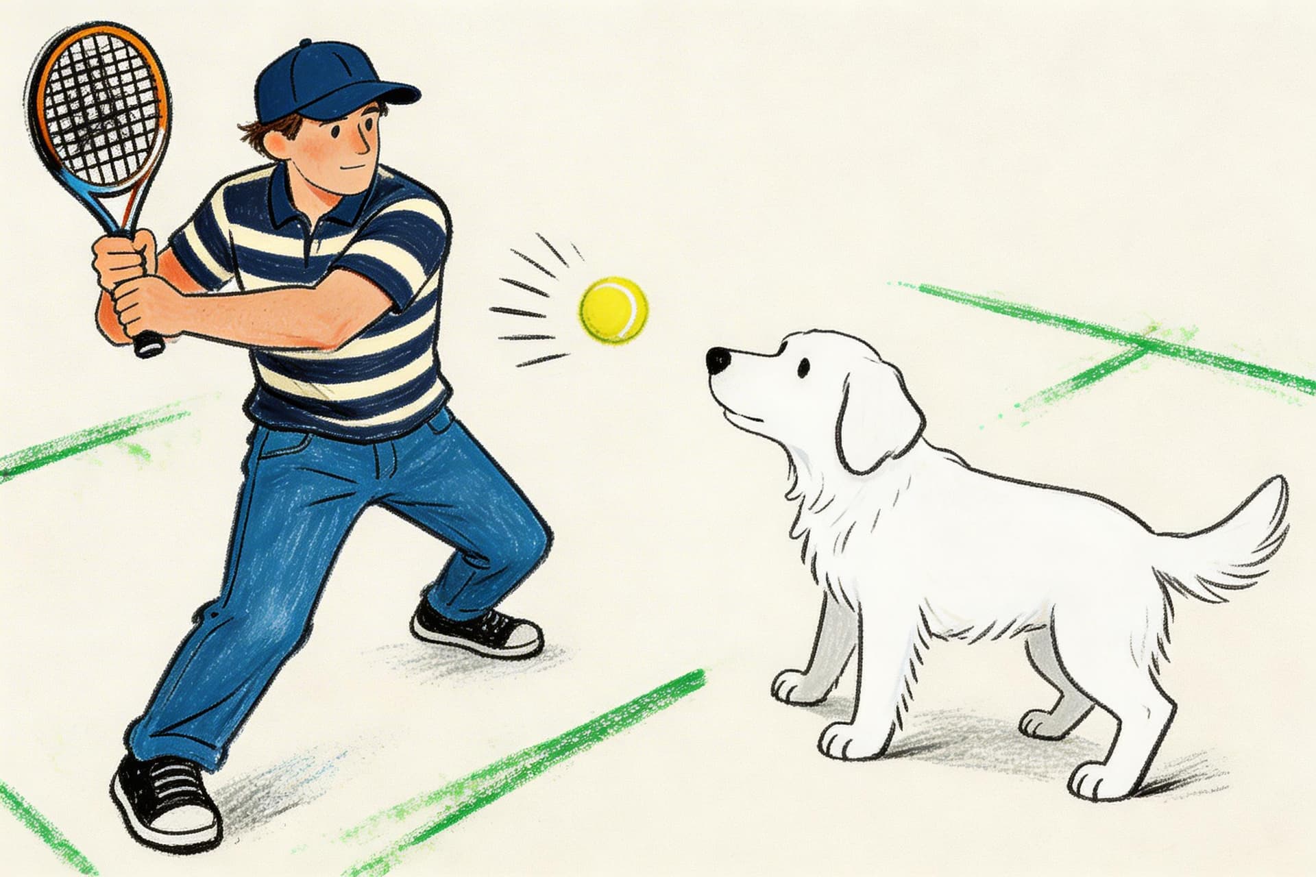 AI generated: man wearing jeans, two-tone striped polo (navy and cream), navy cap, hitting a tennis ball with a ra...