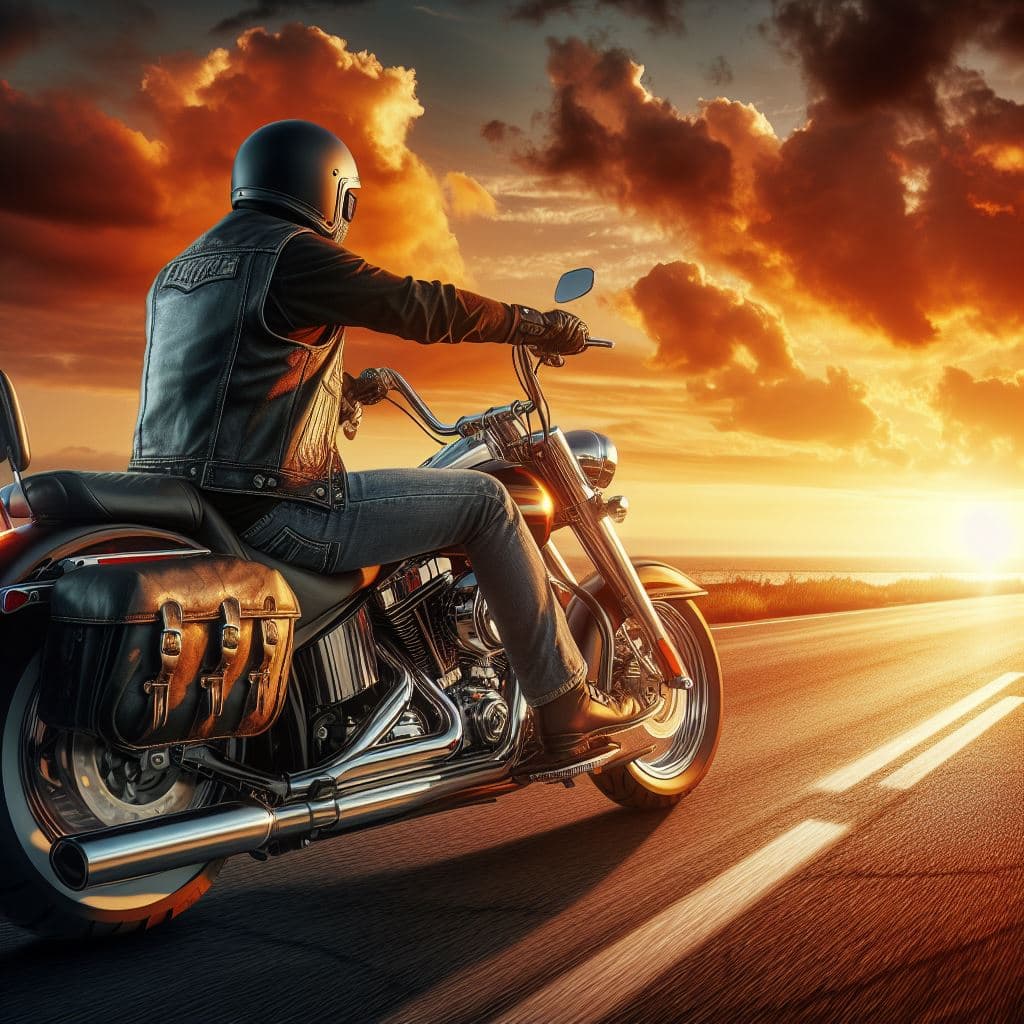 AI generated: picture ultra realistic biker on a harley davidson motorcycle on the road 66 sunset side view --ar 4...
