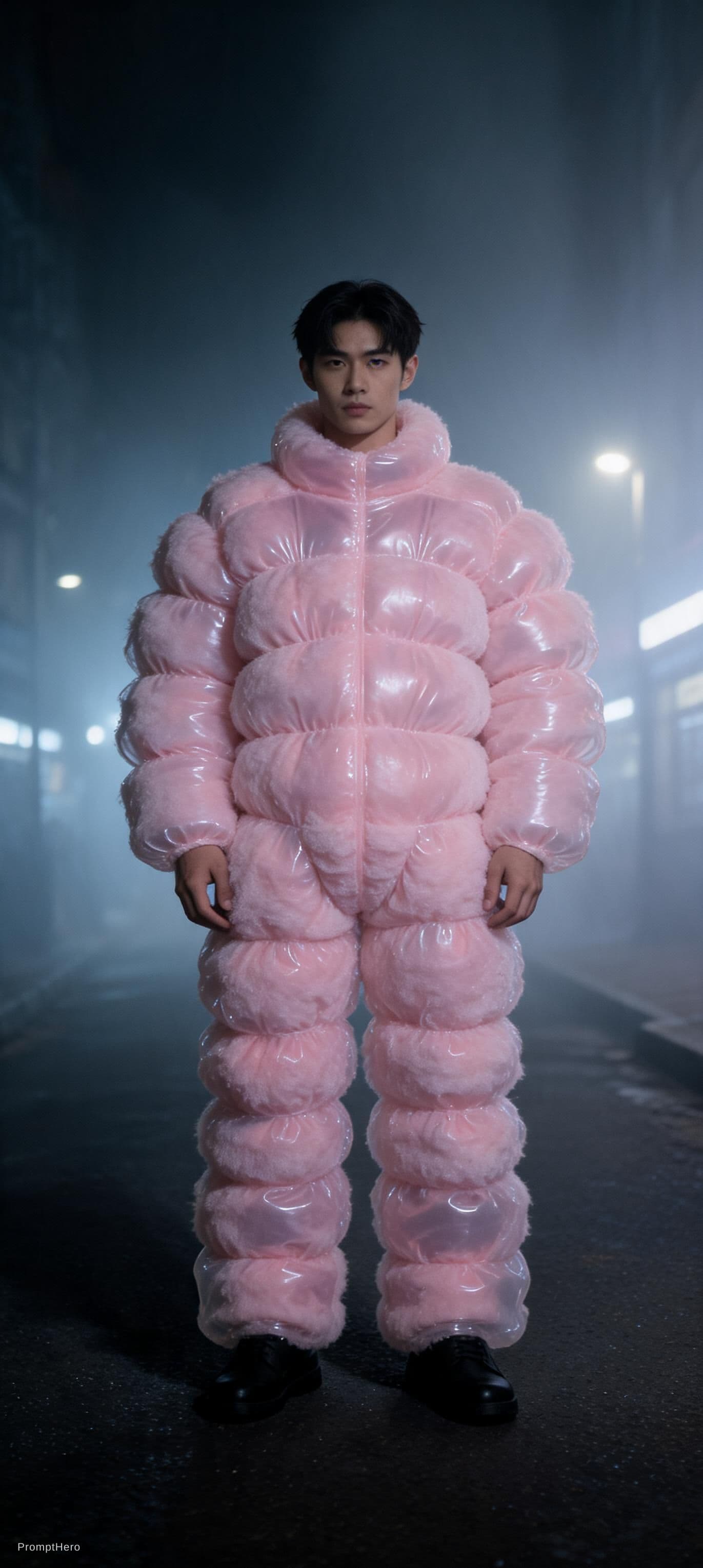 AI generated: fashion photography, man model in full-body, front central view, wearing an oversized fluffy and vin...