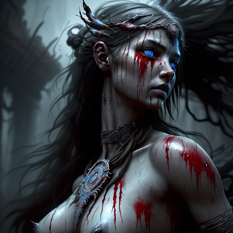 AI generated:  A determined  beautiful ethereal tribal Girl very detailed, rendered in octane, wet, dense atmosphe...