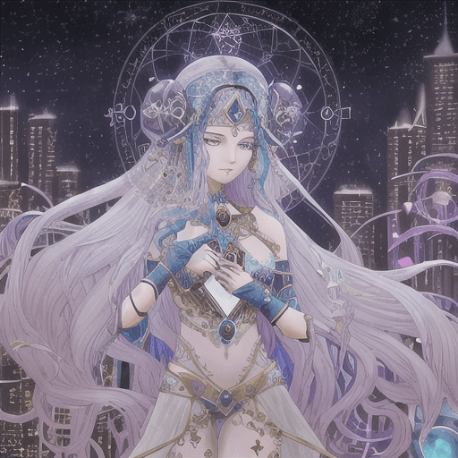 AI generated: futuristic romani gypsy mysticism, space tarot, new zodiac, deck of stars, vertical city, flowerpunk...