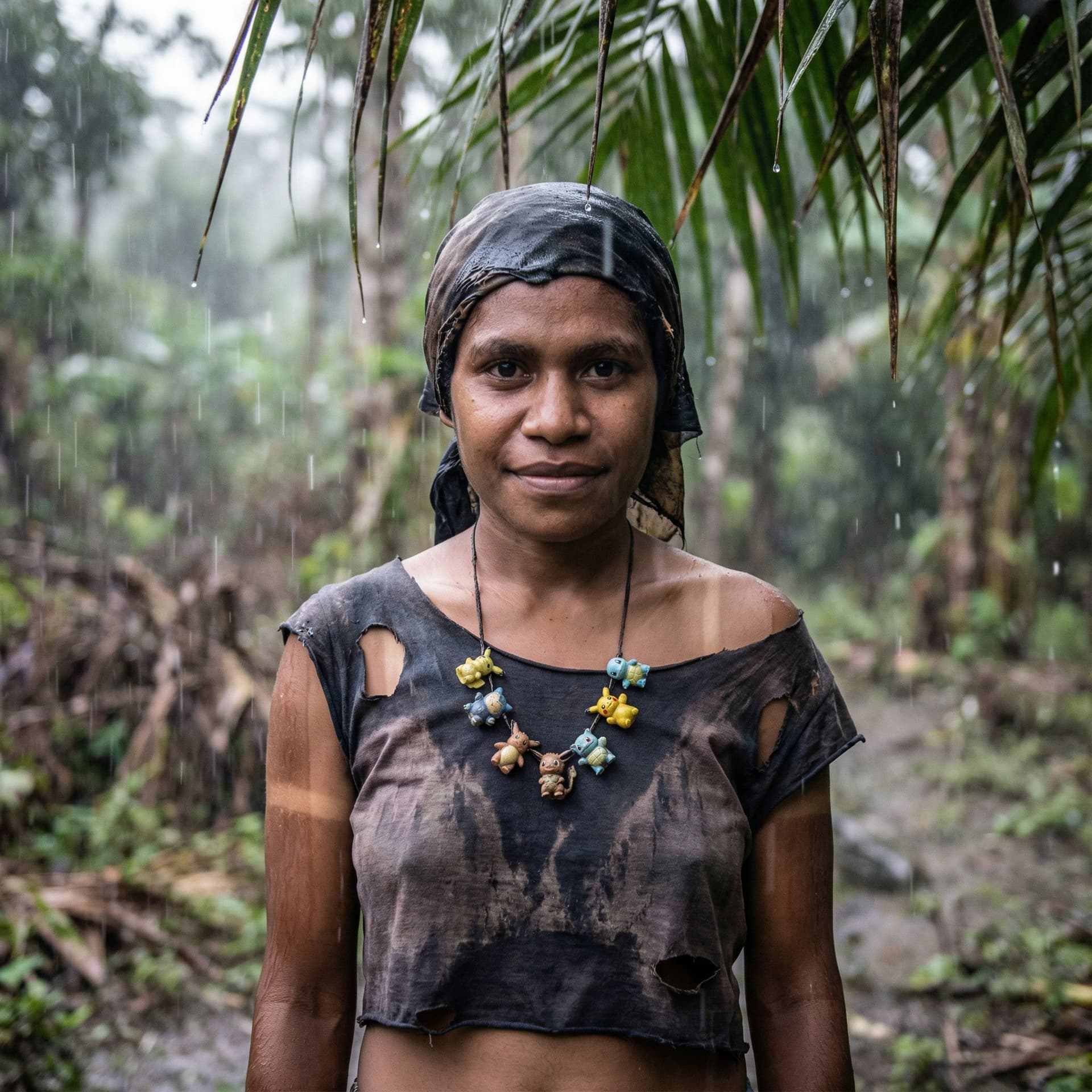 AI generated: Generate a rainy photograph of an 21 year old cute Papuan New Guinean indigenuous female with many t...