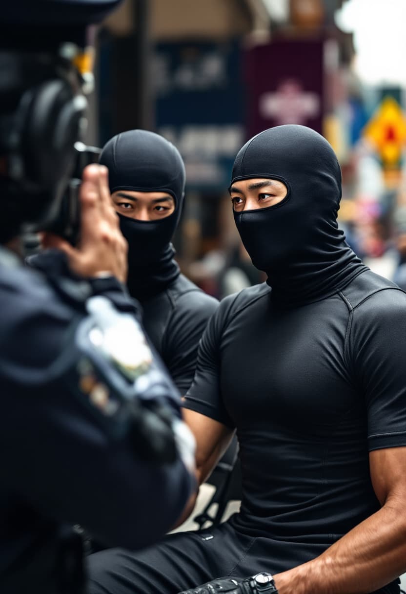 AI generated: Two Asian Chinese athletes wearing compression jammers were arrested by police in day time in Hong K...
