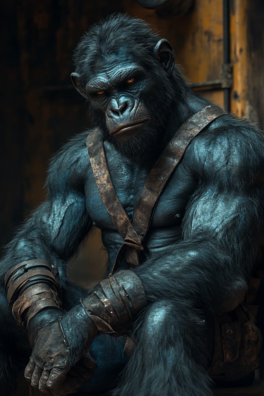 AI generated: cinematic portrait of a massive humanoid creature with rugged simian-inspired features, seated calml...