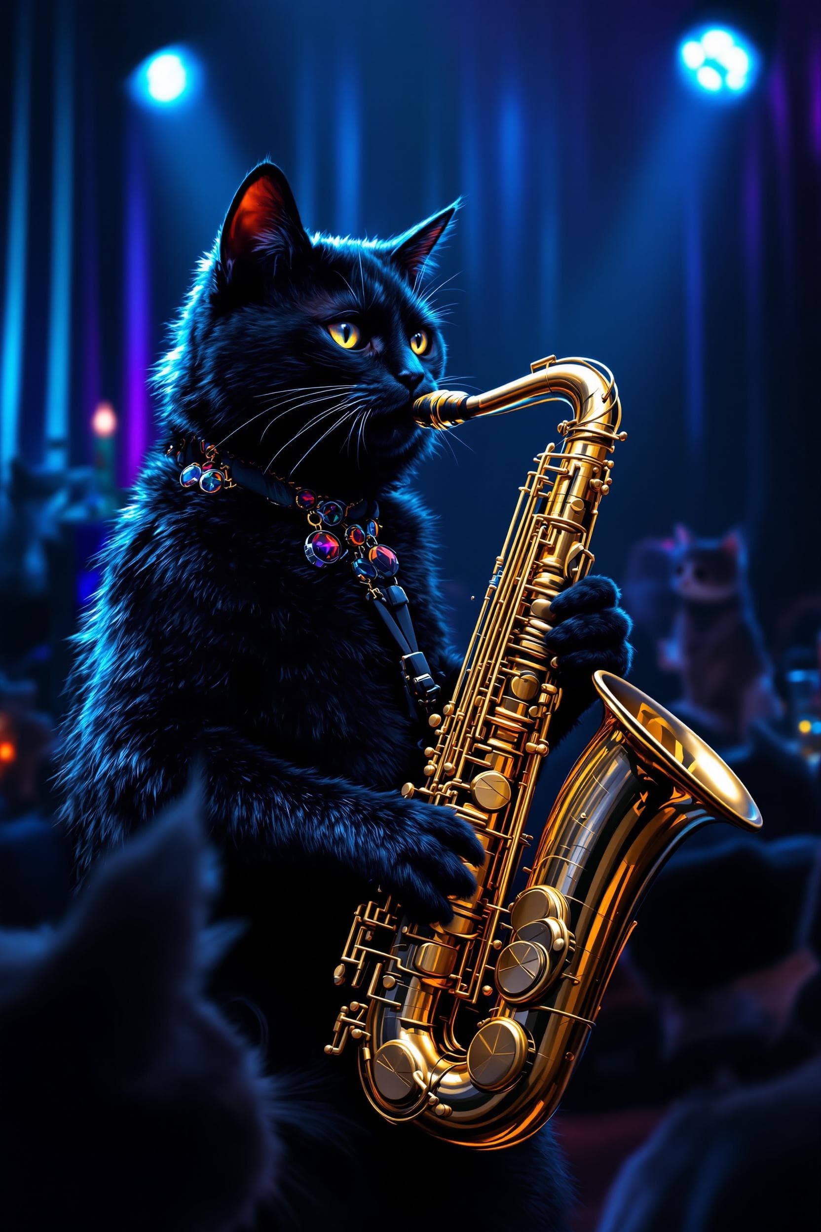 AI generated: Cool relaxed black cat playing a golden saxophone on a backstage in the background on a dimly lit ni...
