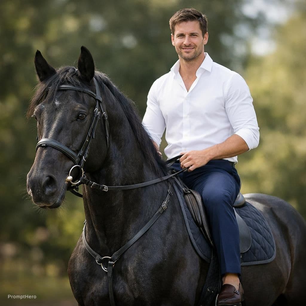 AI generated: a men with sitting on black beautiful horse and men has wear a white shirt and navy blue pant and le...