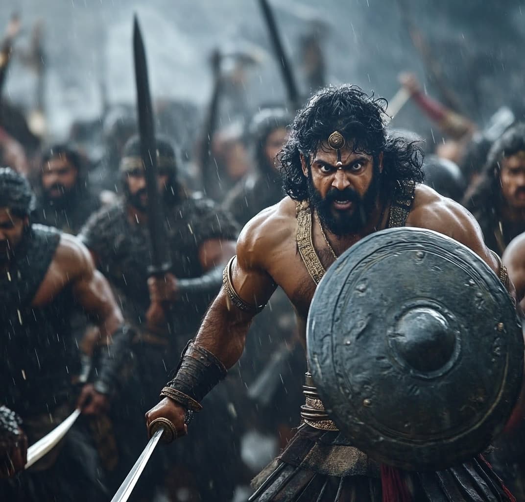 AI generated: A photo of the battlefield from Mahabharata, showcasing warrior warriors in battle against each othe...
