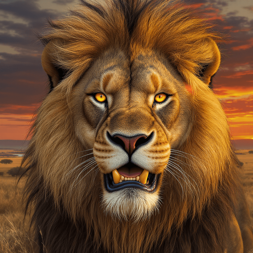 AI generated: An extreme close-up digital painting of a majestic Barbary lion's face, directly confronting the vie...