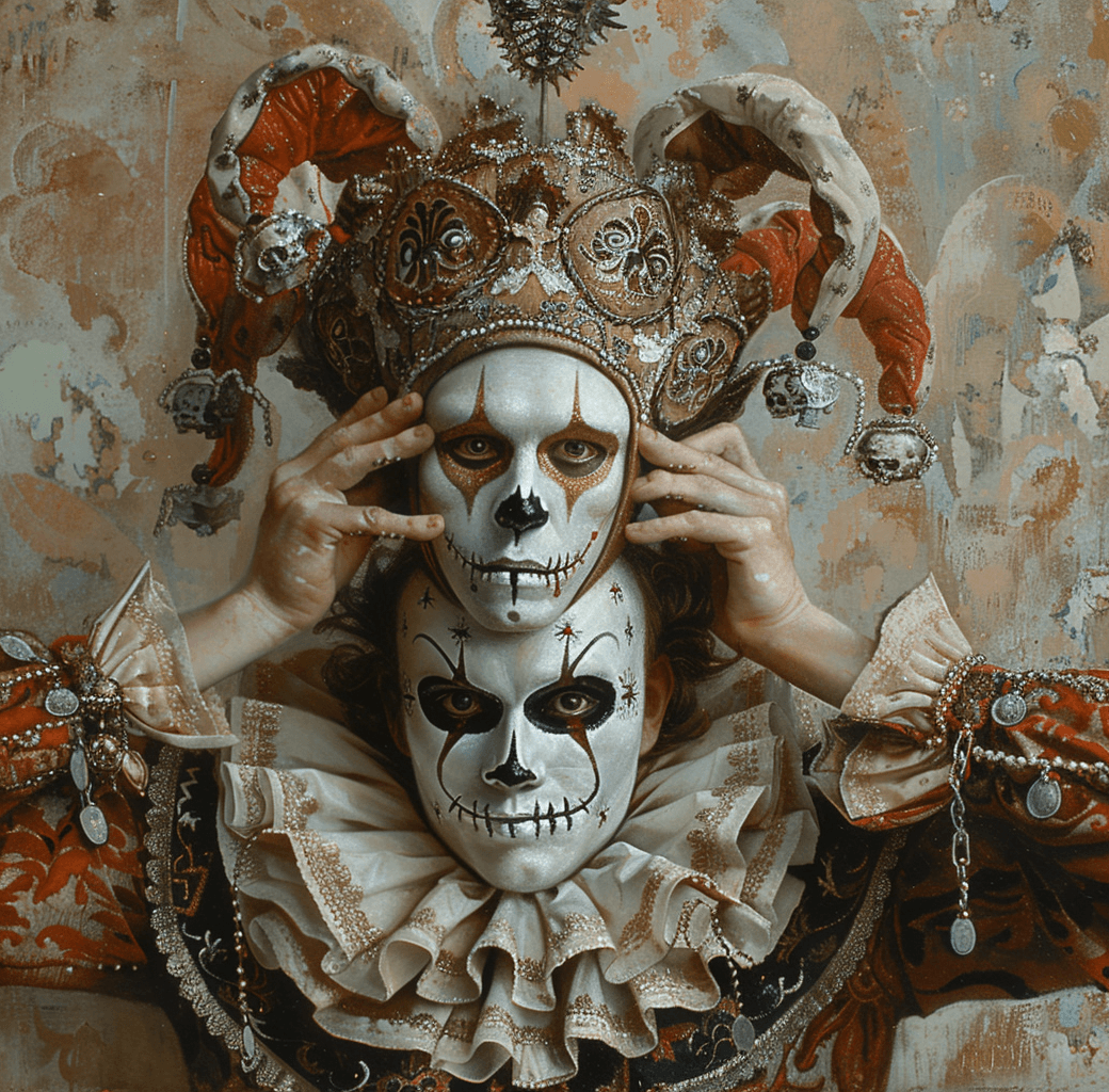 AI generated: an oil painting of two men in costumes, one is wearing an ornate jester hat and the other man has wh...