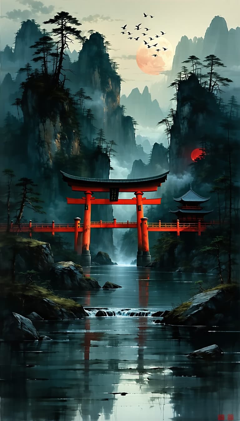 AI generated:  A highly detailed digital painting of a secluded traditional Japanese torii gate on a rocky bank, b...