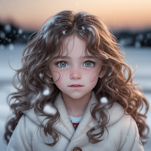 AI generated: Depict a 6-year-old boy, wavy hair, hyperrealistic detailed eyelashes, eyes, snowfall. Micro details...