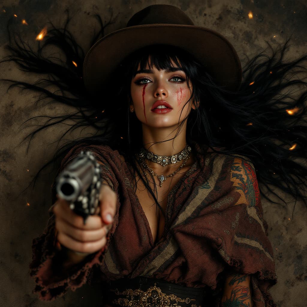 AI generated: HD hyper realistic zoomed out photo of beautiful, female equivalent of Clint Eastwoods man with no n...
