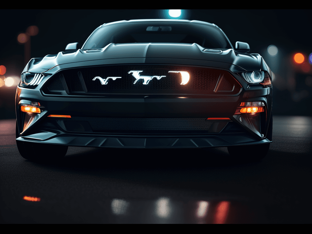 AI generated: a picture of a ford mustang, modern car, black color, perfectly centered, dark night, neon lights in...
