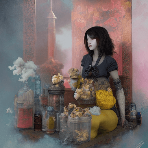 AI generated: potent potions apothecary, roadside popcorn monster,  by tom bagshaw as ruan jia  as lemonade guns, ...