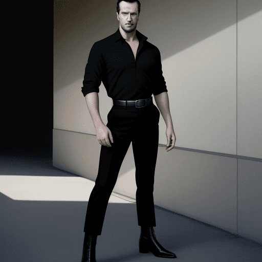 AI generated: Hyper realistic exterior photo of a mid century modern man back facing wearing a black shirt and bla...