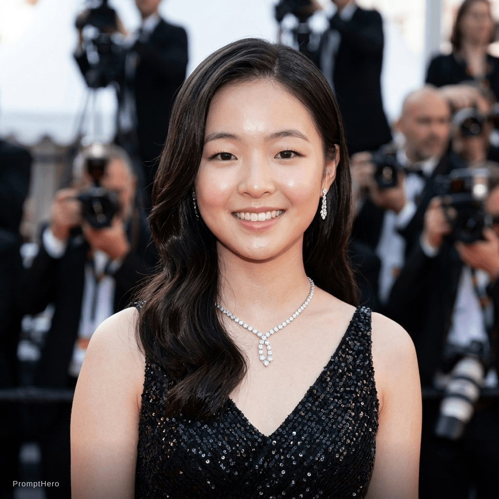 AI generated: red carpet look, like clear skin, silky hair, bright smile, has aura, 