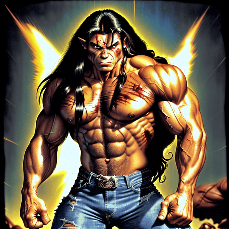 AI generated: handsome muscular ronnie james dio as a retrowave warrior, long retro hair, wearing a tight ripped  ...